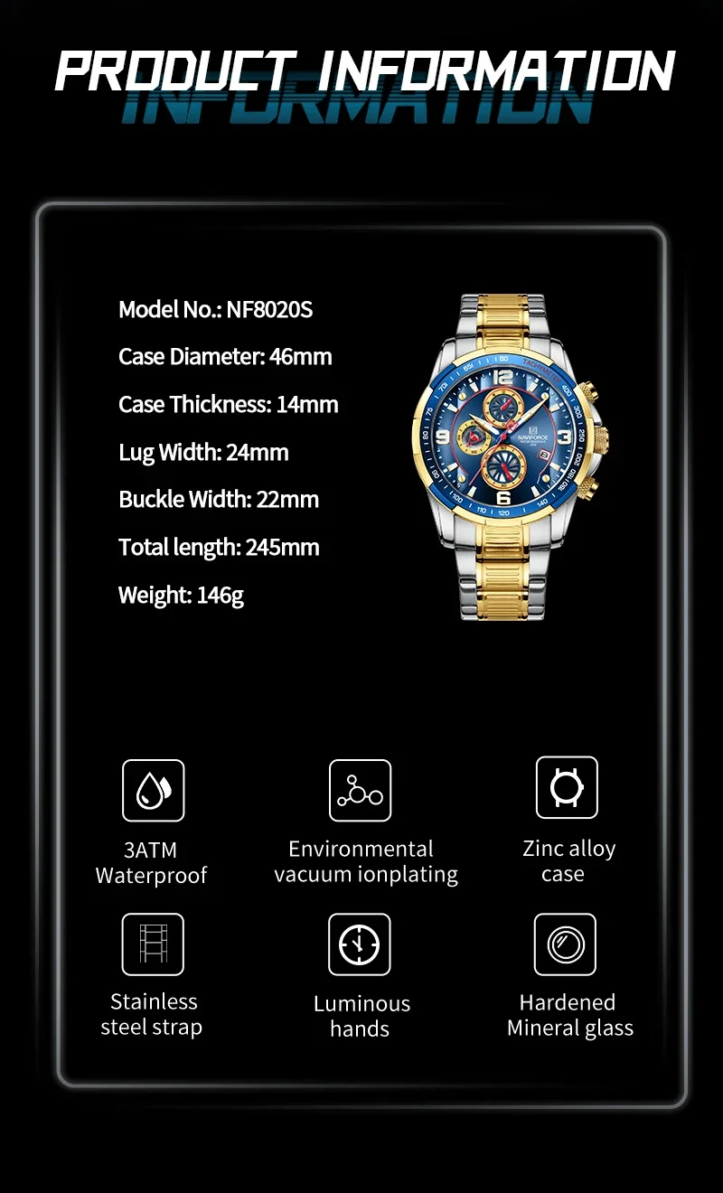 NAVIFORCE 2024 Men Watch Sport Man Wristwatch Top Brand Luxury Blue Military Chronograph Gold Stainless Steel Quartz Male 8020