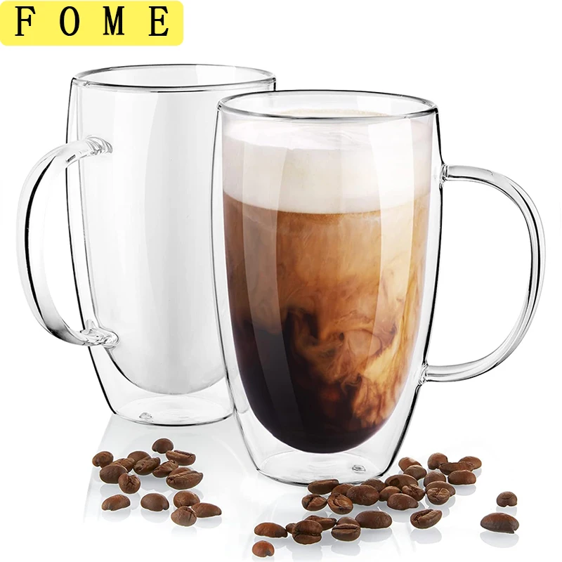 

250/350/450ml Double Wall Glass Coffee Mugs Set Insulated Coffeetea Cup With Handle Borosilicate Glass Juice Milk Cup 2pcs