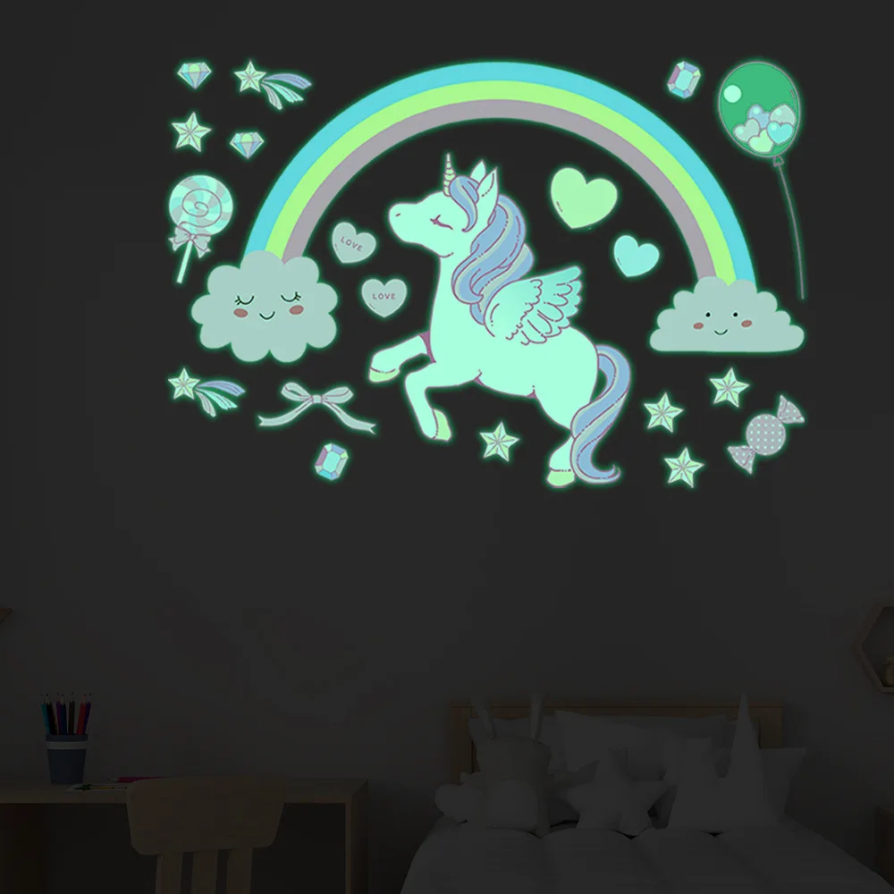 1Set INS Luminous Unicorn Rainbow Wall Stickers Art Home Decorations Wall Decals For Party Wedding Kids Room Decor Accessories