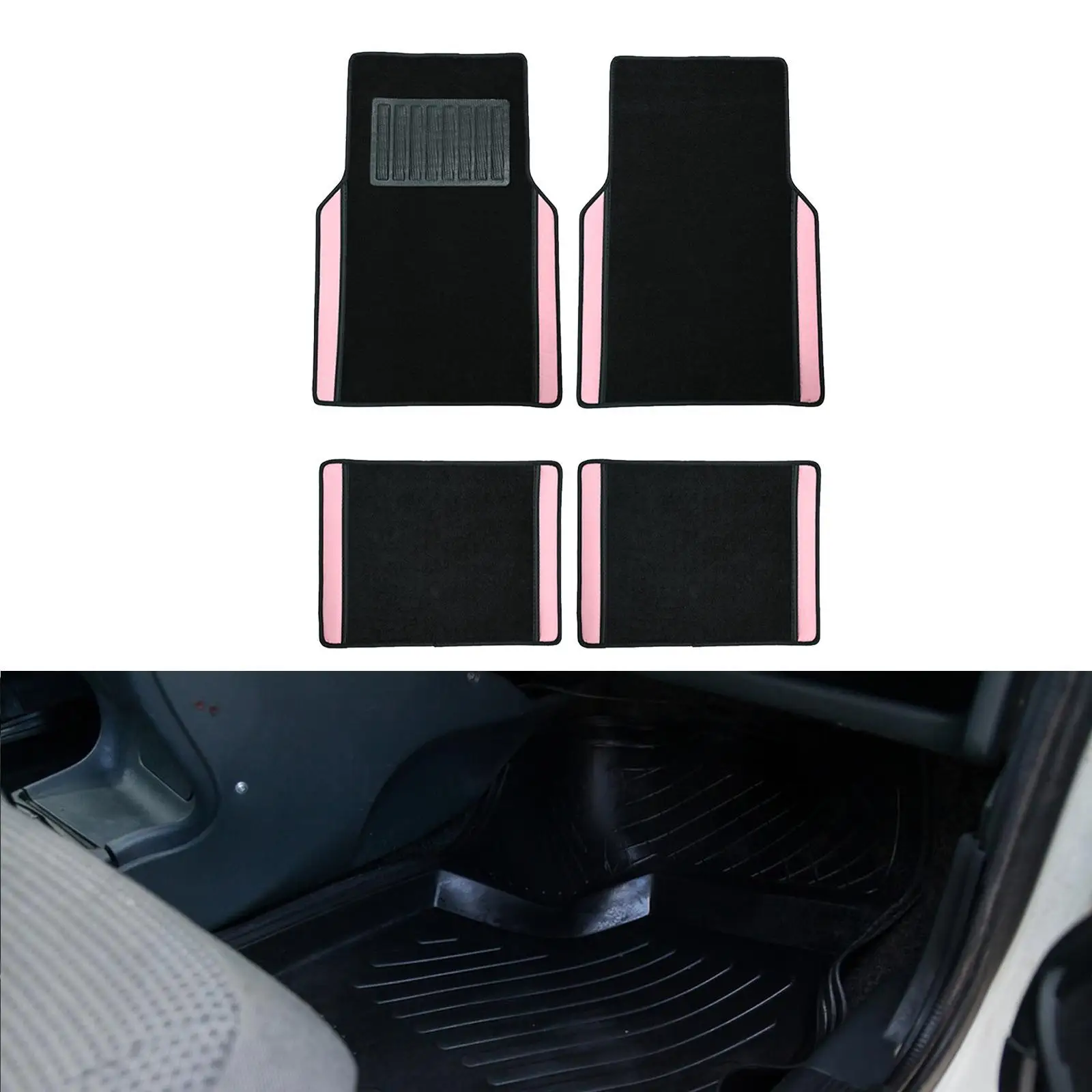 All Weather Black Pink Car Floor Mats Set PVC Universal Anti Slip Backing Automotive Carpets for Interior Protection