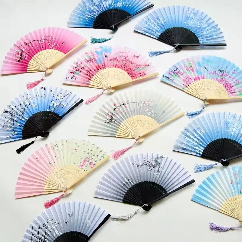 Traditional Chinese Japanese Style Printed Silk Hand Folding Fan Wooden Shank Tassel Elegant Wedding Gift Home Decoration