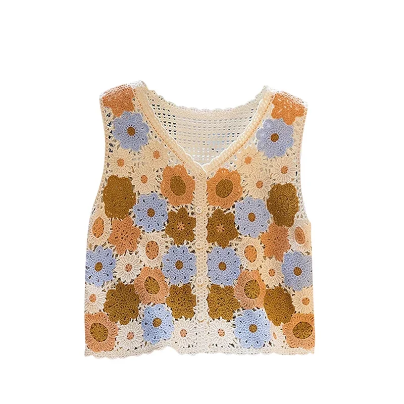 Embroidery Floral Crochet Tank Top Sleeveless V-Neck Button Front Vest Blouse Cardigan Women Summer Fairycore Cottagecore Outfit