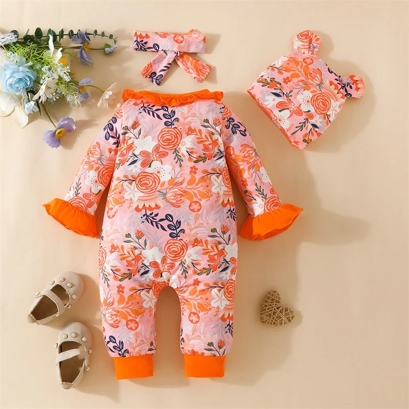 Newborn Infant Baby Girl Footed Jumpsuit Ruffle Footies Cotton Romper with Headband