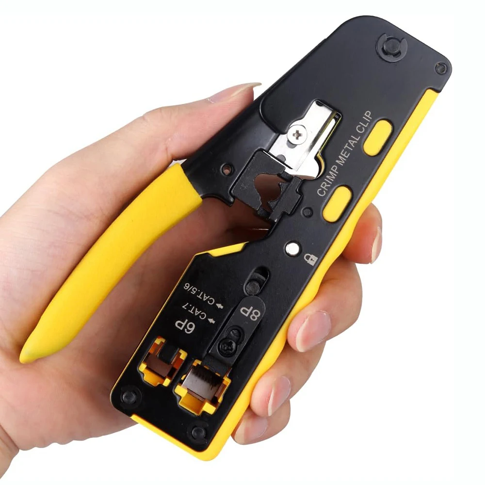RJ45 Crimp Plier Pass Through Crimper Stripper Cutter for Cat7 Cat6 Cat5e 8P6P Modular Connector Ethernet All-in-one Wire Tool