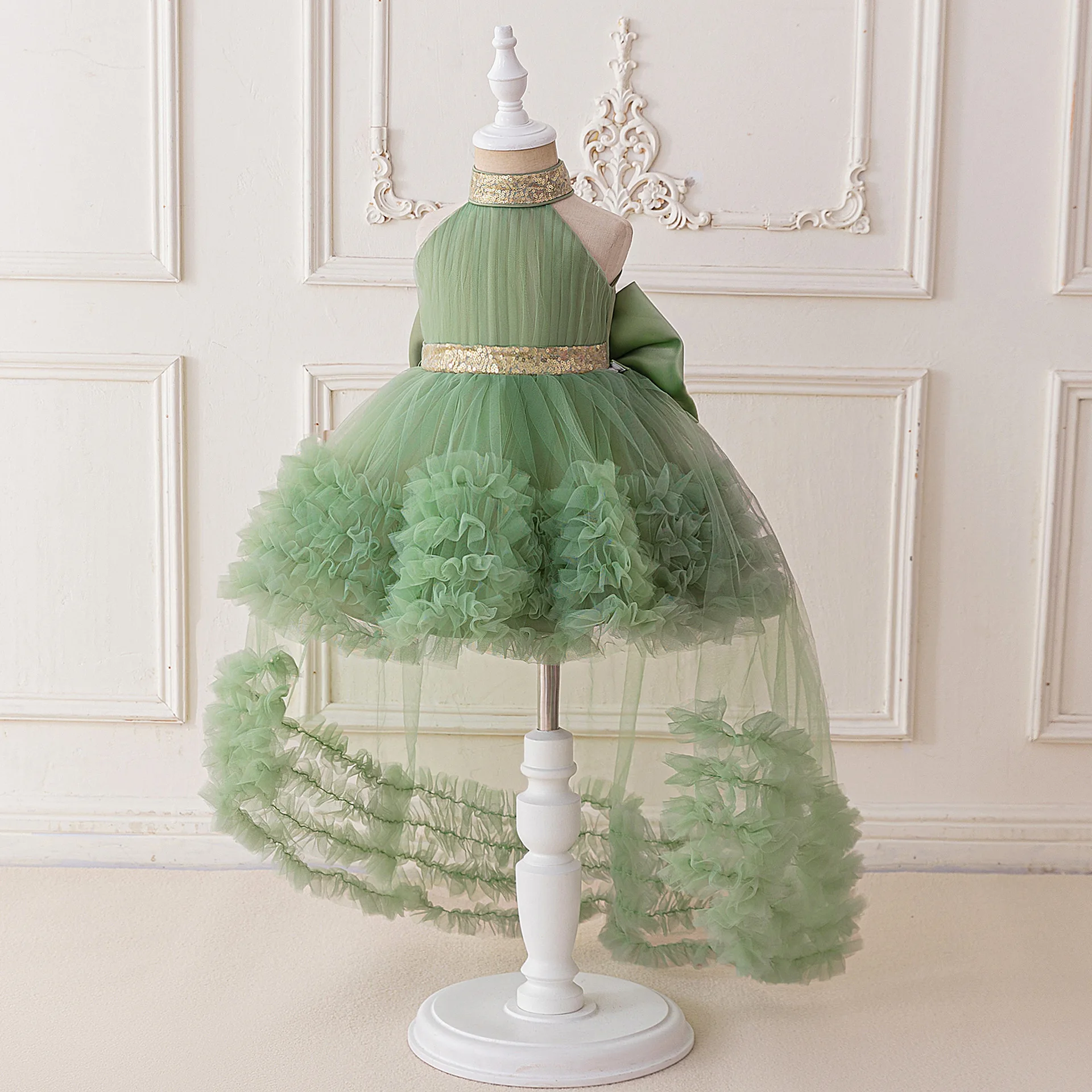 

Girls Trailing Birthday Party Dress Kids Green Lace Fluffy Costumes Toddler Girls Formal elegant Dresses Infant Princess Vestido