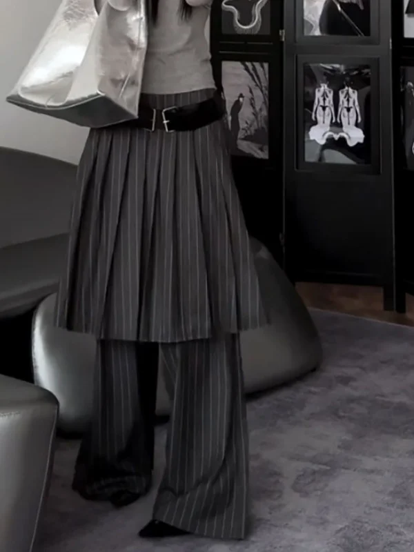 حجم كبير عادية فضفاض خطوط عمودية تنوعا بنطال ذو قصة أرجل واسعة المرأة الجديدة Sle Ele تصميم كاذبة قطعتين تنورة السراويل