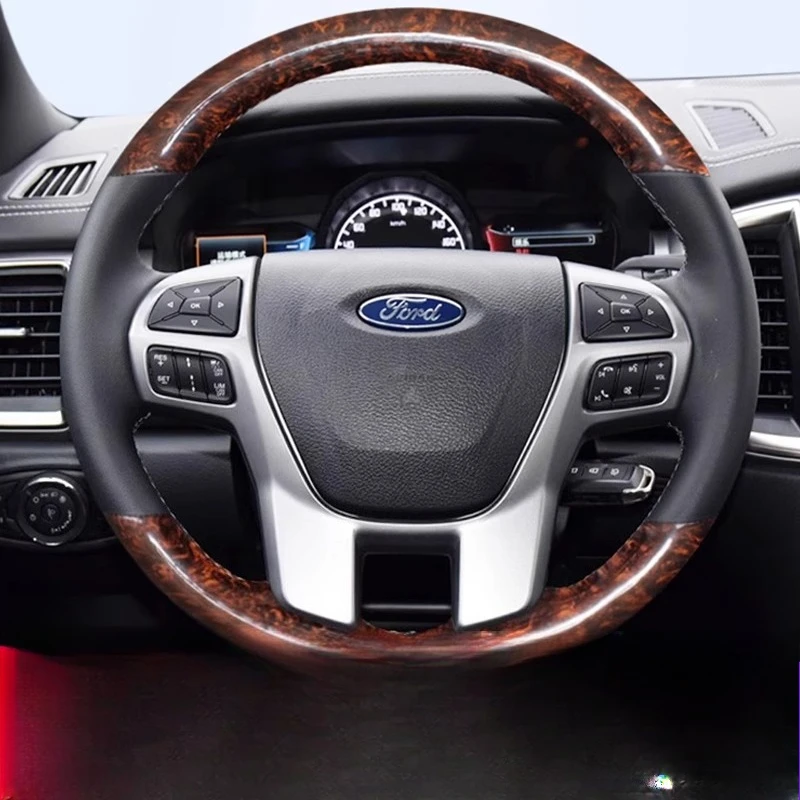 

For Ford Ranger 2016 2017-2019 Everest 2016-2019 Hand-Stitched black genuine Leather Peach Wood Grain Car Steering Wheel Cover