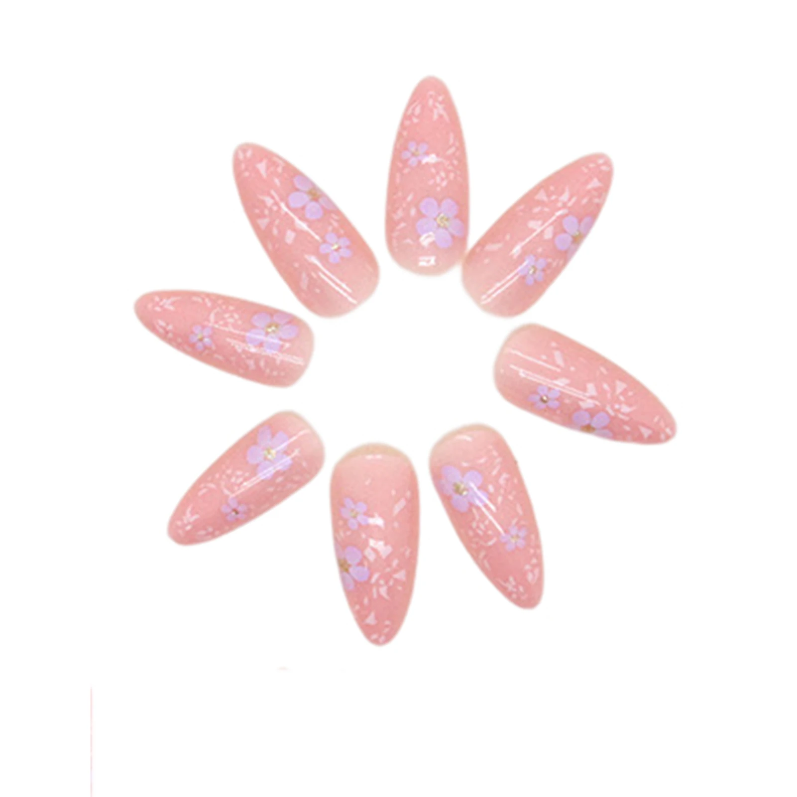 Pink with Gold Foil Decor Almond False Manicure with Harmless and Smooth Edge Nails for Hot Girl Dress Matching