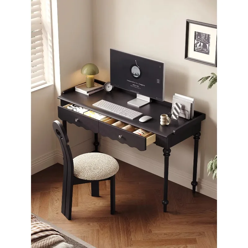 CZ-6 French Retro Style Solid Wood Rectangular Desk And Chair Combination Study Home Boxwood Against The Wall Black Desk