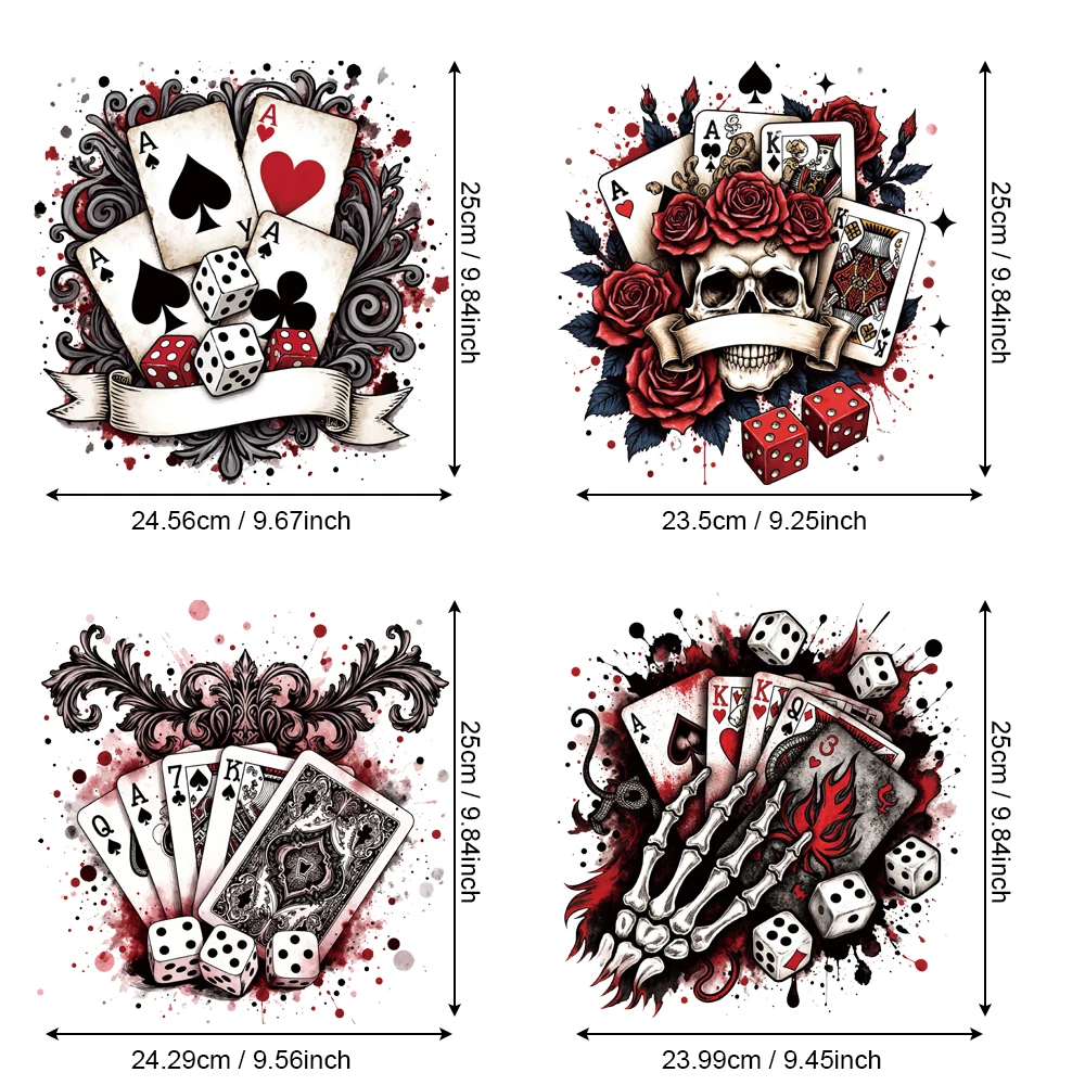 4 pieces of dark gothic style poker card skull heat transfer stickers, street cool heat transfer stickers, DIY clothing patches
