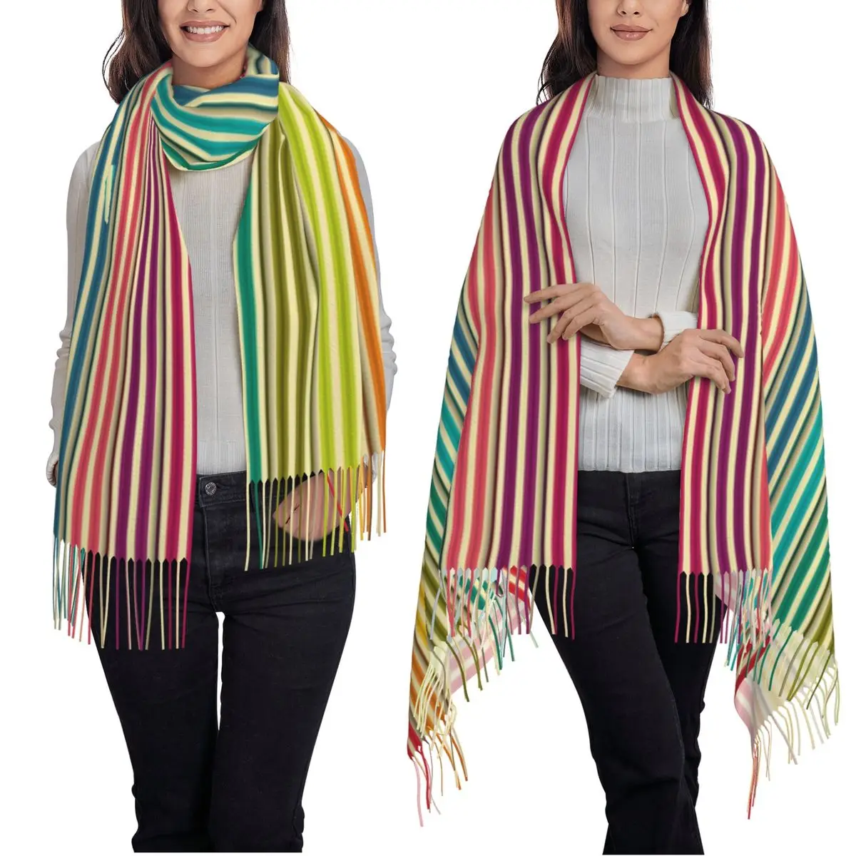 Sciarpa con motivo a strisce diagonali verticali e orizzontali Sciarpe con nappe Scialli e stole da donna Scialle lungo autunno inverno