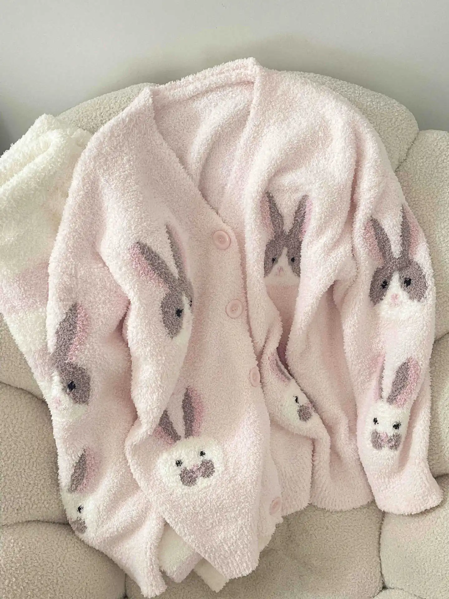 

Kawaii Bunny Rabbit пижамный комплект женский 2026 зимняя толстая теплая флисовая одежда для сна мягкий плюшевый кардиган одежда для дома розовая домашняя одежда