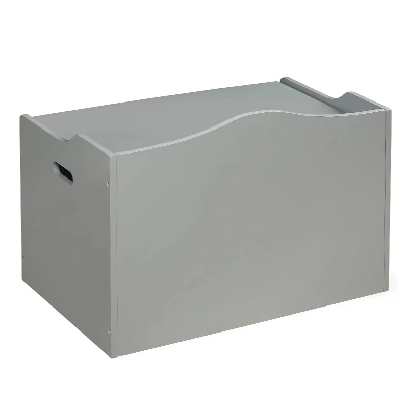 

Eco-friendly grey desktop wooden toy box safety storage box with double safety hinges and side handle front slot