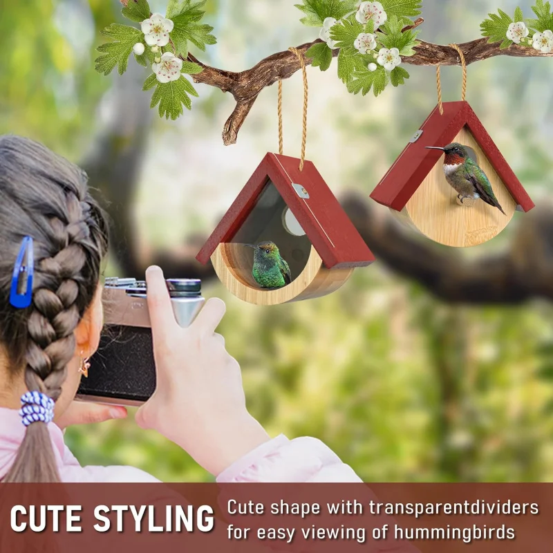 그레이트 레드 아크릴 2 벌새 집, 창문이 내려다보이는 나무 새 집 외부 중첩, 매달린 C