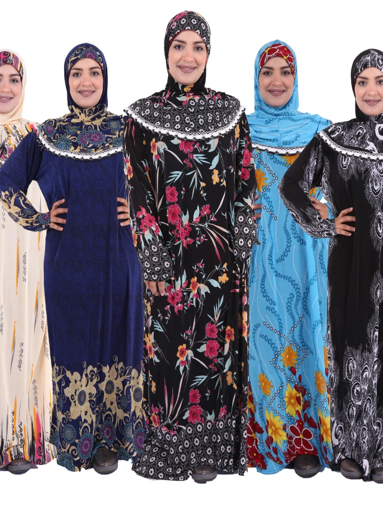 Muslim Prayer Garment Dress Women Islamic Clothing Floral Thobe Burka Dubai Turkey Jurken Abaya Hooded Khimar Hijab Robe jilbab