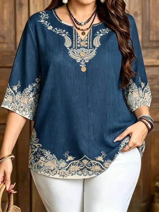 Women 3/4 Sleeve V‑Neck Blouse Button Detail Boho Paisley Border Floral Print Loose Casual Ladies Tops