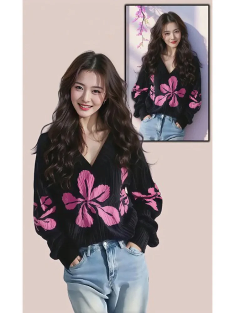 

Женский модный свитер Ele Bla с V-образным вырезом и принтом, с длинными рукавами, весна-осень, новый стиль, омолаживающий эффект