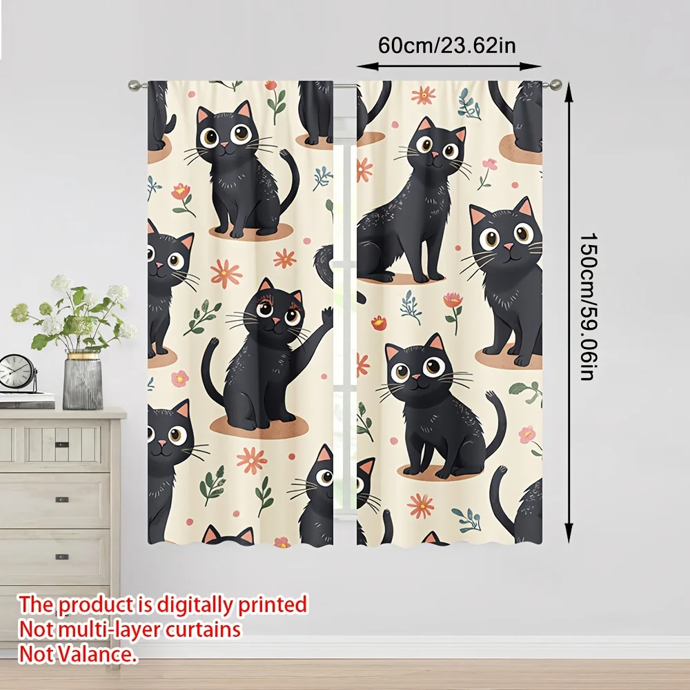 Cartoon black cat with floral pattern Print Drapes Room Darkening Window Curtains for Home Decor,Rod Pocket Blackout Curtains