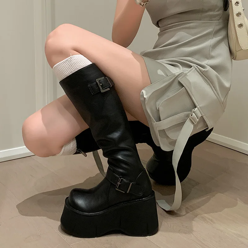 Classics Knee-High Boots Women Belt Buckle Side Zip Round Toe Wedge Platform Shoes Ladies Women's Shoes Basic Women's Boots35-40