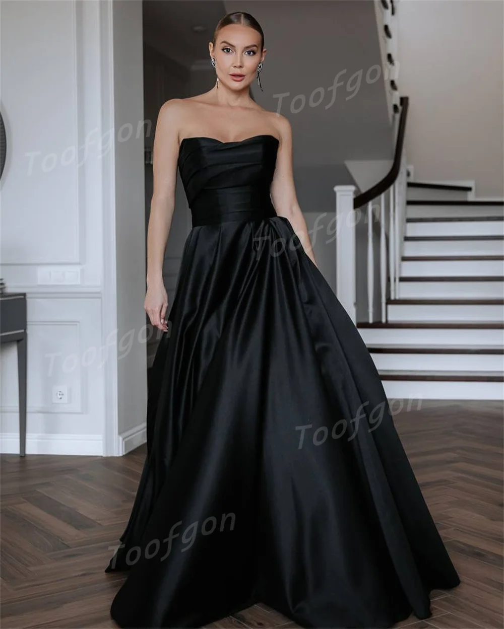 Toofan Милое черное платье для выпускного вечера Атласное трапециевидное вечернее элегантное платье знаменитостей с высоким разрезом по бокам Вечернее платье по индивидуальному заказу