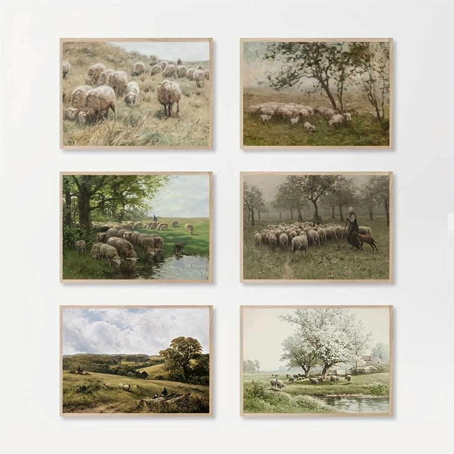 1pc Vintage Sheep Painting Art Prints Country Landscape Oil Painting Canvas Poster Farmhouse Wall Pictures For Home Office Decor