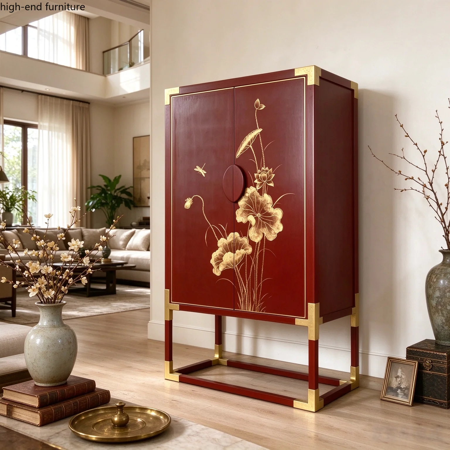New Chinese lotus painted wine cabinet living room floor-to-ceiling solid wood locker metal corner foot decorative cabinet