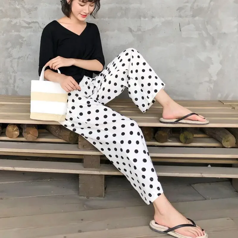 

Wide Leg Pants Straight Elastic Waist Pocket Office Lady Simplicity Printing Loose Polka Dot Spring Summer Thin Women's Clothing