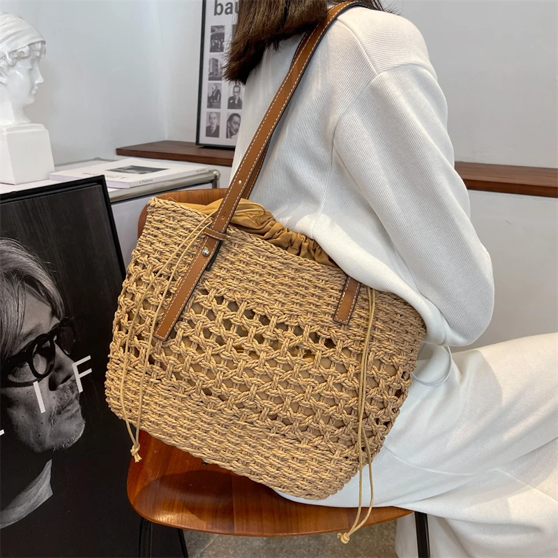 

Big Straw Bucket Bag for Women 2022 Summer Trendy Weave Brand Beach Basket Top Handle Handbags Fashion Simple Shoulder Bags