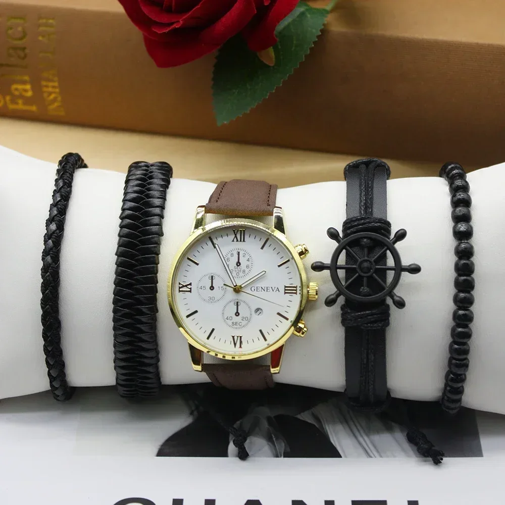 남성용 하이 엔드 트렌드 쿼츠 시계, 패션 기질 비즈니스 대형 다이얼 매칭 팔찌 상자, 5 개 세트