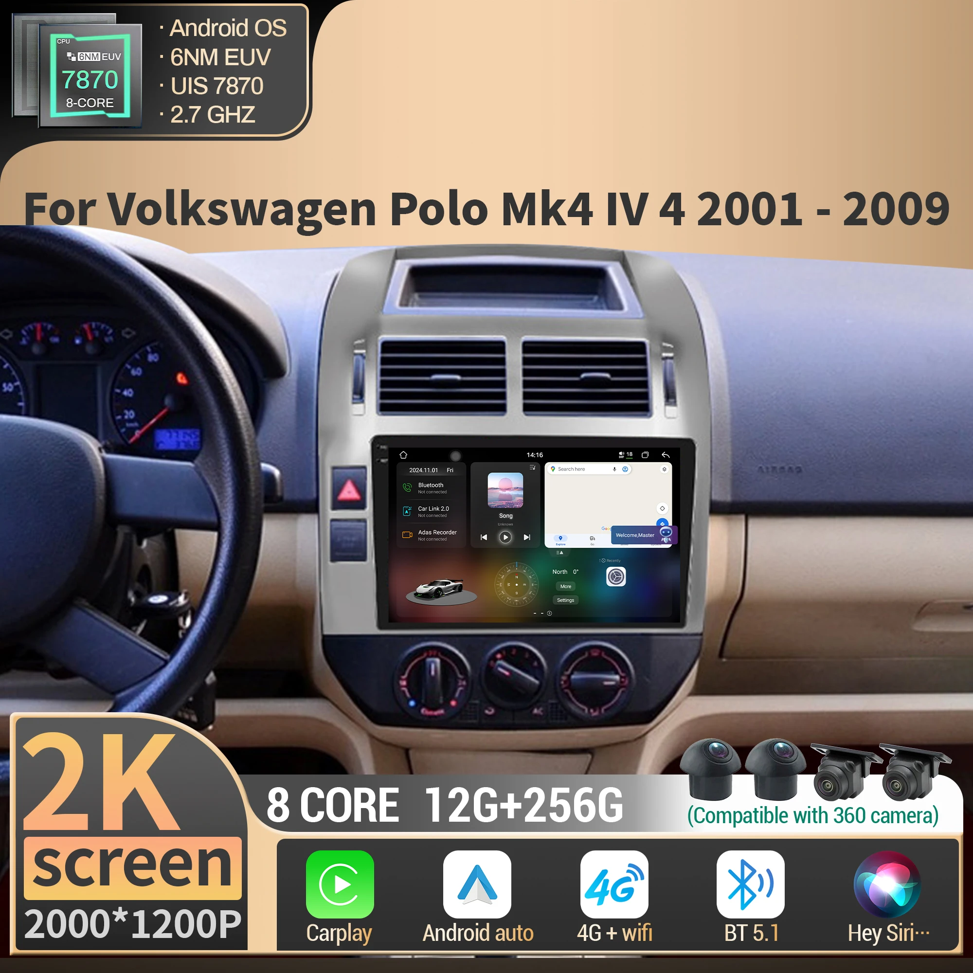 

For Volkswagen Polo Mk4 IV 4 2001 - 2009 Car Radio Android WIFI Navigation GPS BT Multimedia 4G CPU 7870 2K QLED Screen Stereo