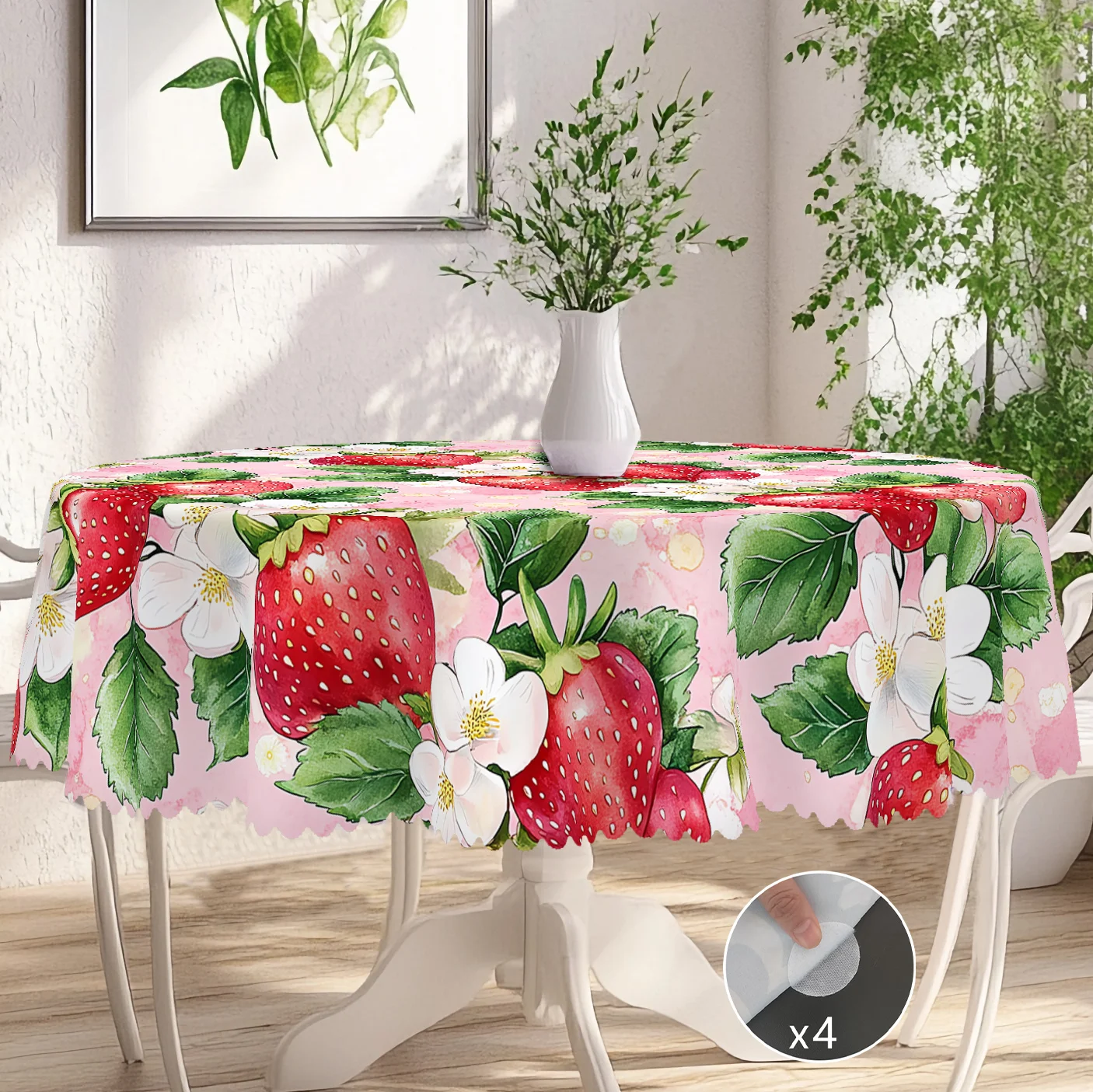 1 Piece of Strawberry-Themed Round and Rectangular Tablecloth, Available in Various Sizes, with Light Pink Base Color Paired with Bright Red Strawberries and Delicate White Flower Clusters, Paired with Fresh Green Leaf Print, Featuring Embossed Edges, in a Fresh Style, Suitable for Everyday Use in the Home Kitchen, Patio Picnics, Spring and Summer Home Decor, Spring Garden Tablecloth Decoration