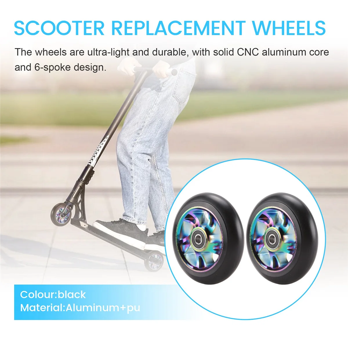 A03V 2 Pcs 100Mm Scooter Replacement Wheels with Bearing Stunt Scooter Pu Wheels for Rocking Cars, Extreme Cars, Scooters