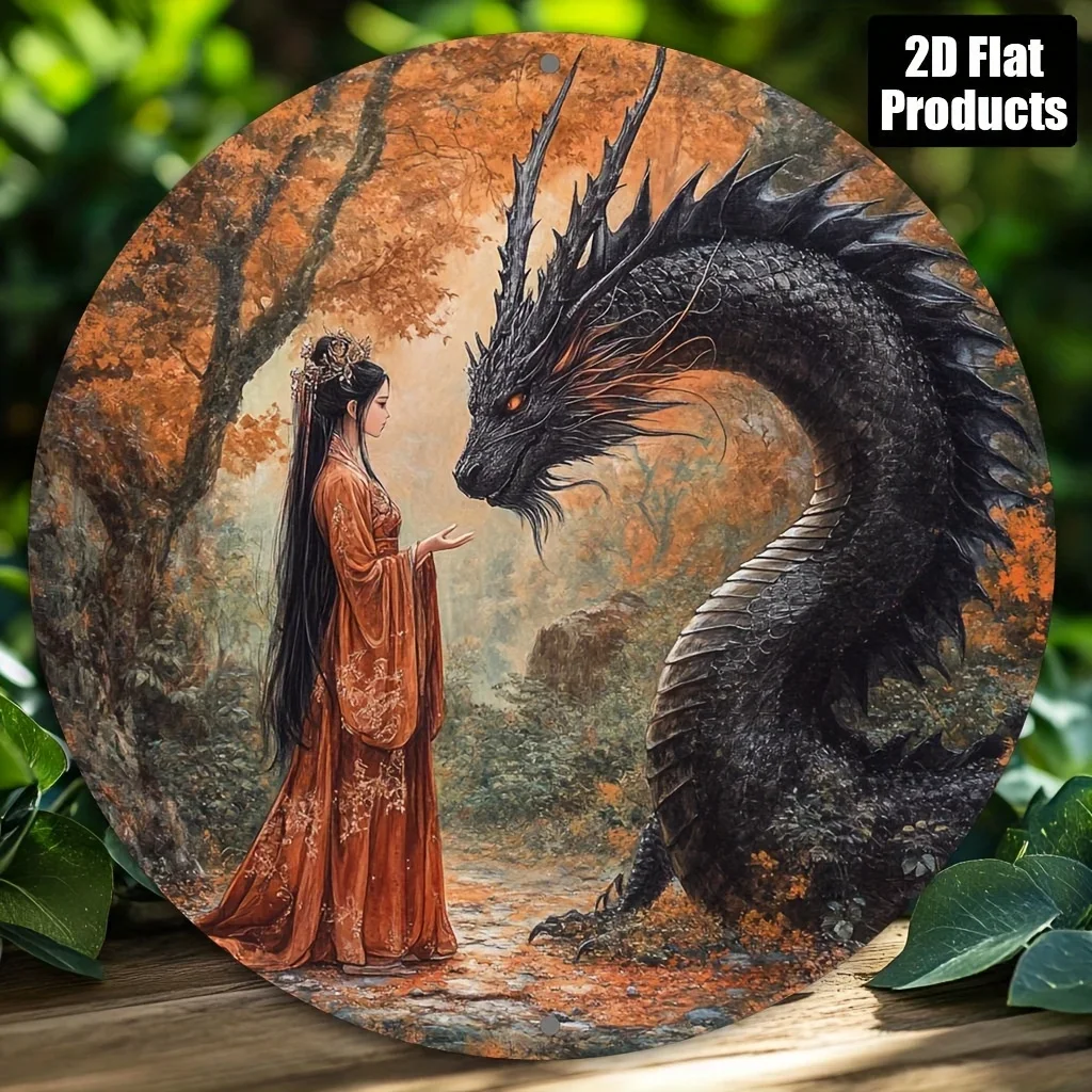 2D Flat, [2D Flat] 2D Flat Print 1pc Metal Iron Sign. Round Metl Decortive Plque Feturing Theme of Chinese Women Nd Drgons, Suit