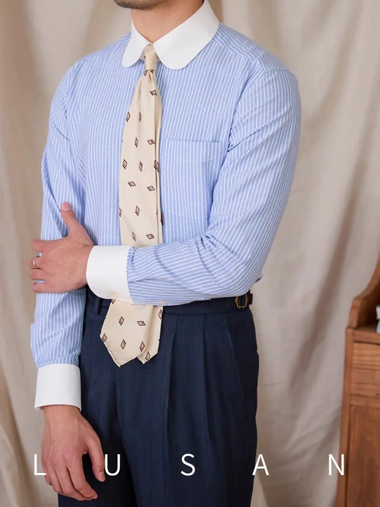

Men's Pure Cotton Striped Shirt, Ivy Retro Round Neck Long Sleeve, Business Casual Commuting Office Wear