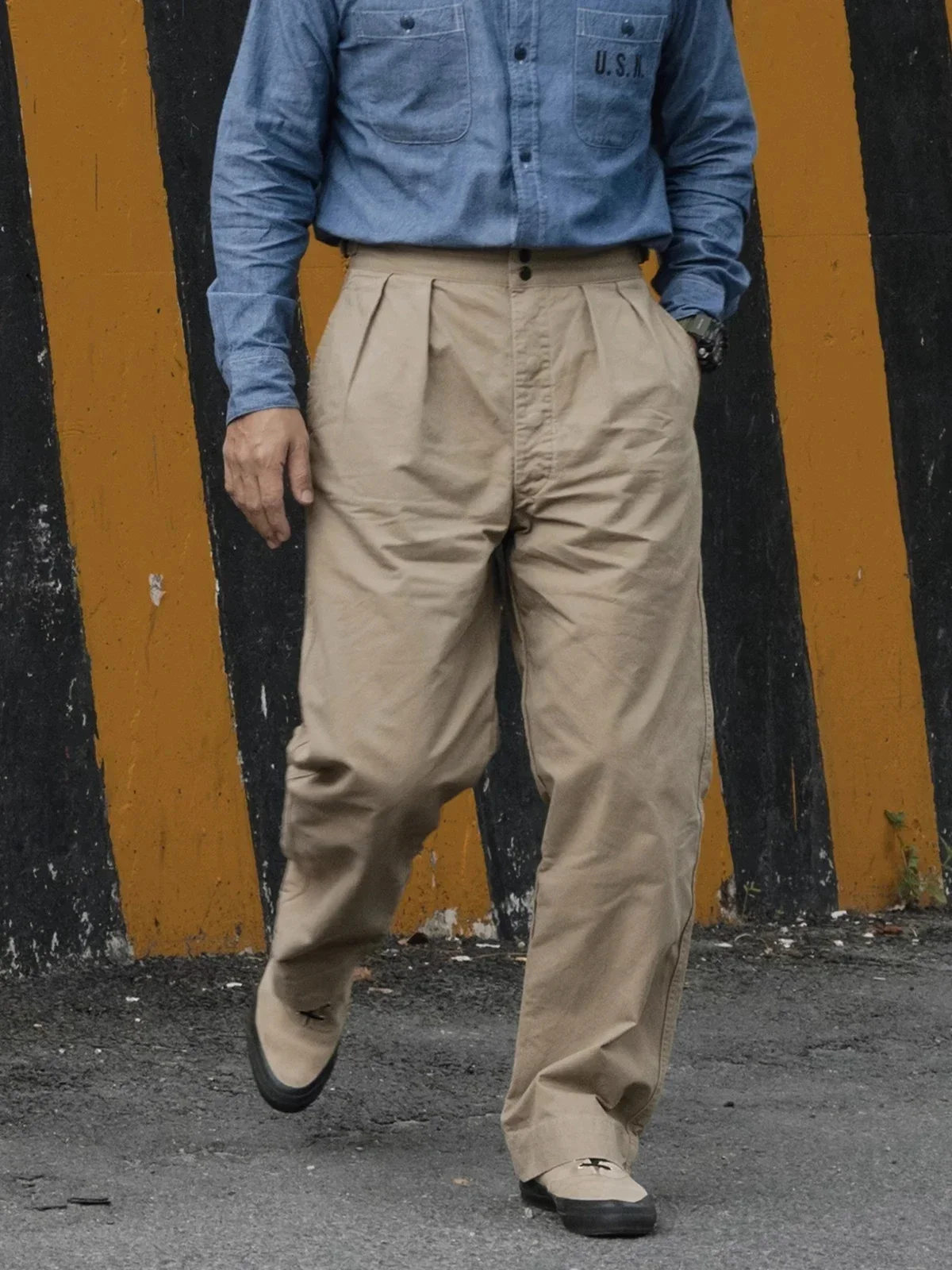 Non Stock 1960s Military-Inspired Chino Pants Cotton Twill Pleat Casual Trousers