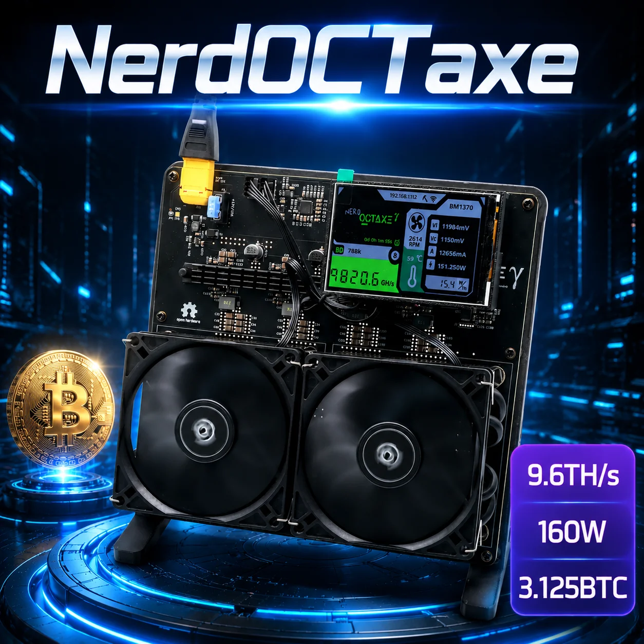 

BTC miner NerdOCTaxe 9.6T 160W BM1370Chip Solo Bitcoin Miner ASIC SHA256 BTC Mining Machine Home Mining Device