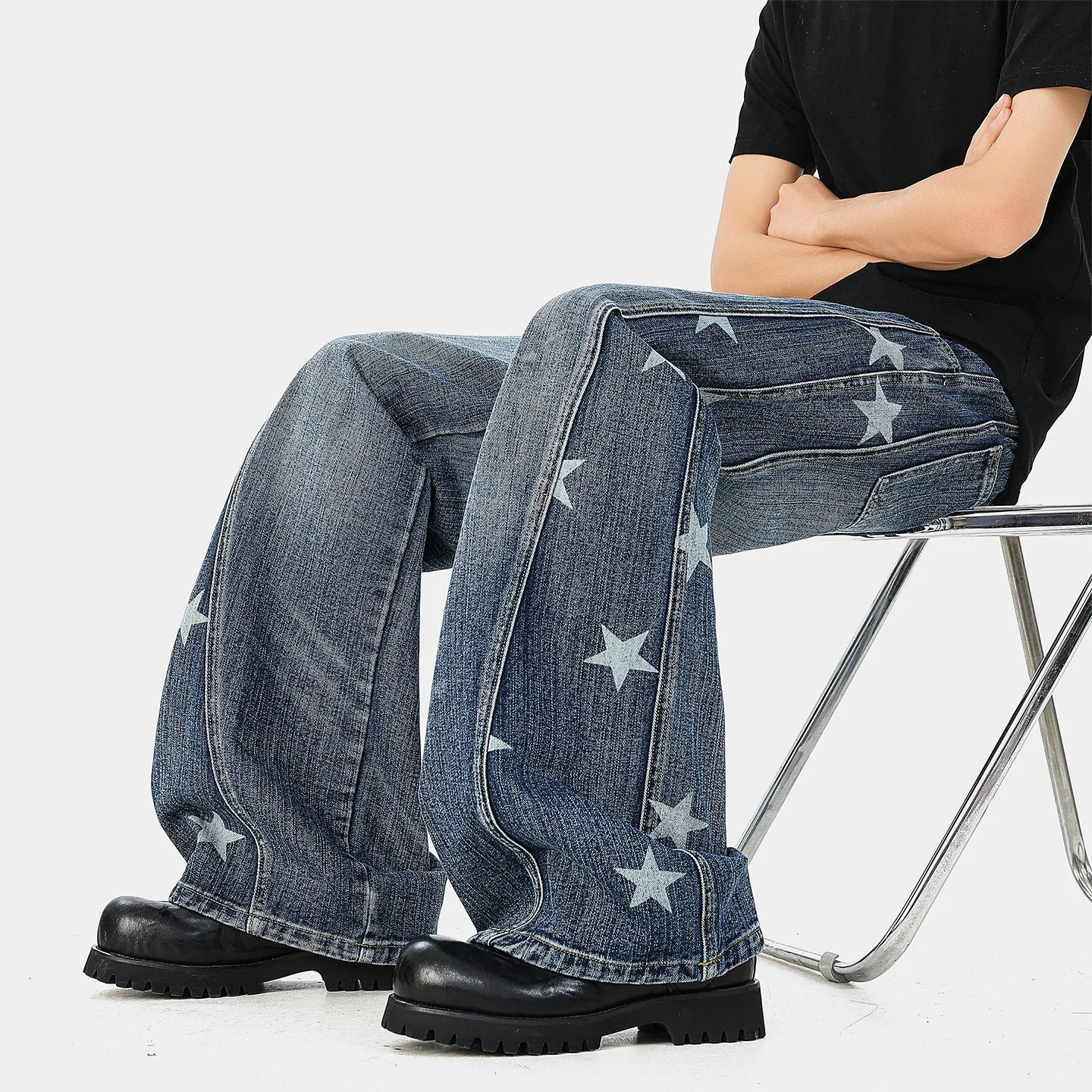 

Unisex Star Printed Jeans American Style Spring Retro Patchwork Micro Flared Pants High Street Floor Denim Trousers Casual