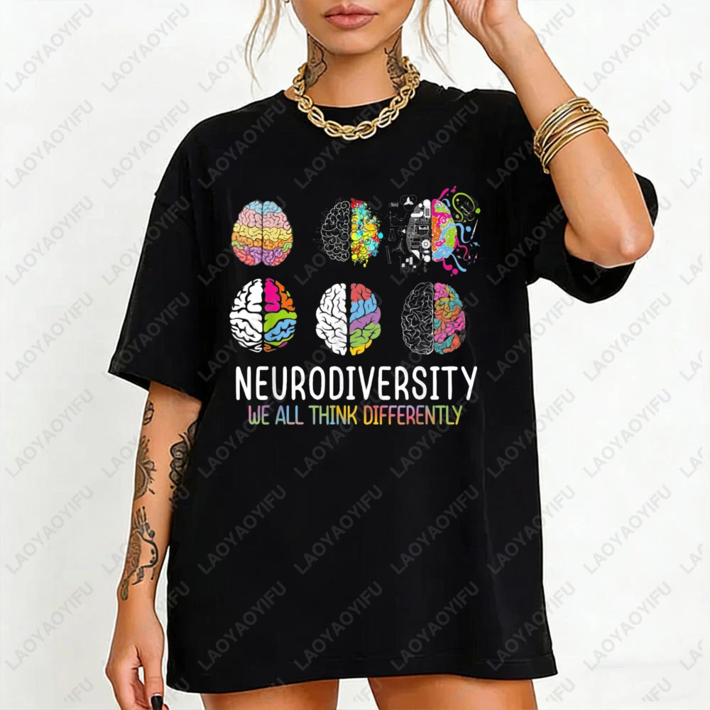 

Neurodiversity Celebration T-Shirt Unisex Cotton Crew Neck Tee Casual Style with Colorful Brain Illustrations and Slight Stretch