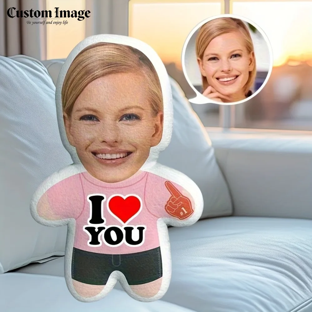 

Double Sided Soft Fabric Photo Doll Pillow, Expressive Eyes and Smile Design, Creative Personalized Doll Style Cushion