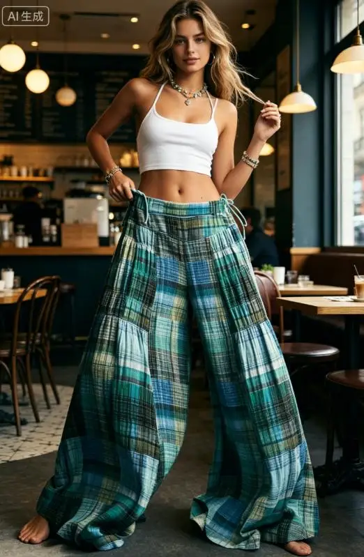 Harajuku Plaid Pants Women Oversize Wide Leg Trousers Womens Fall Plaid Pants Casual Loose Fit Elastic Rise Wide Leg Trousers