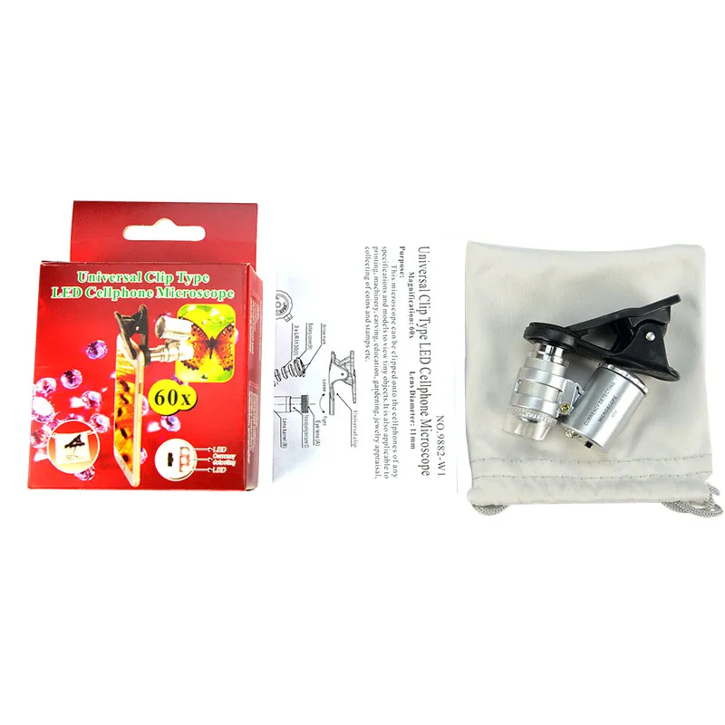 Microscópio Celular com Clip Universal, Lupa, LED Iluminado Lupa, 60x, 2 LED e 1 UV