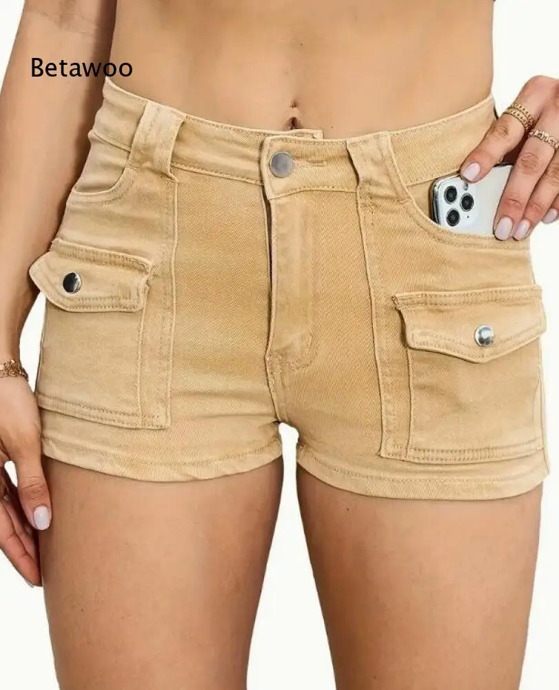 

High Waist Multi Pocket Cargo Denim Shorts Women Solid Khaki Metal Snap Decor Flap Pocket Outdoor Short Jeans
