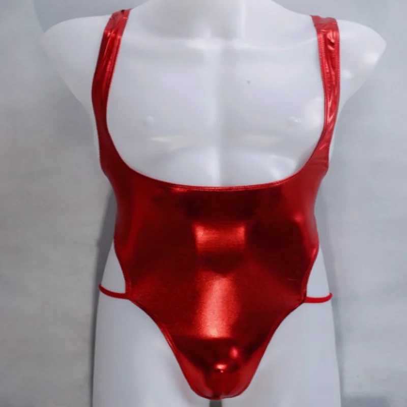 

Sexy Men Shiny Metallic Dew Chest Backless Thong Bodysuit Faux Leather Hollow-Out Outfit Suspenders Bodysuit Clubs Costumes