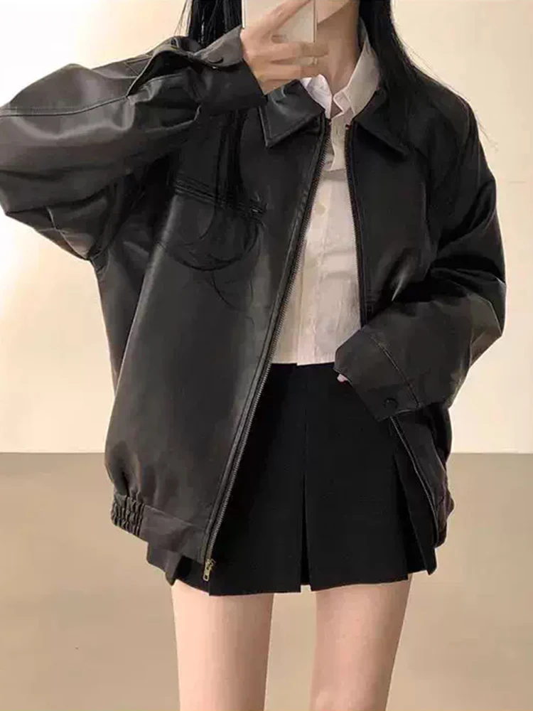 

Шикарное женское пальто из искусственной кожи в стиле ретро, свободное длинное байкерское пальто на молнии, осеннее новое пальто для поездок на работу, чистый цвет