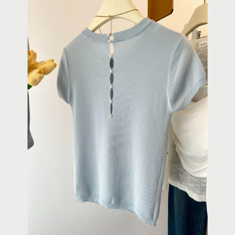Women Rib Knit Short Sleeve Top Back Pearl Button Cutout Detail White Casual Blouse