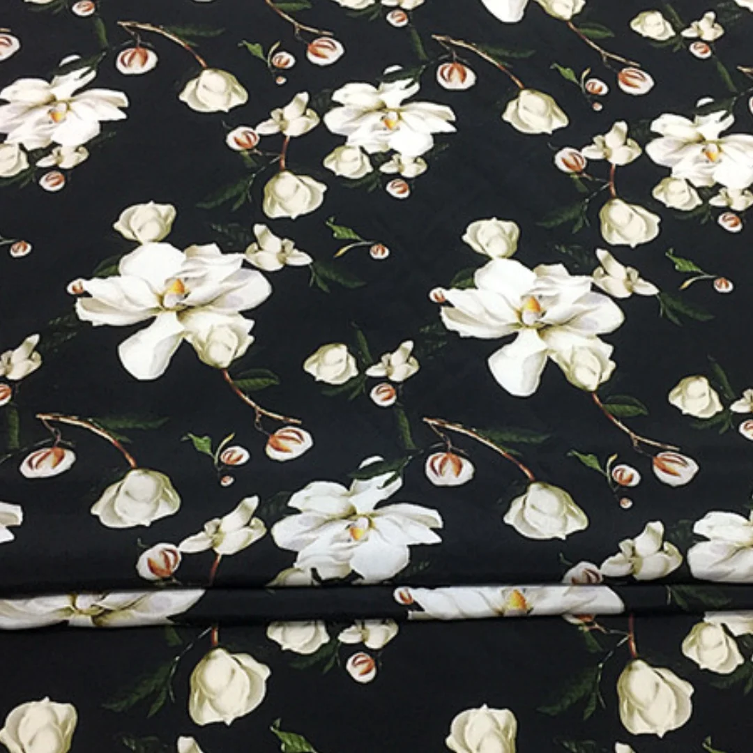 1 meter 100% Mulberry Silk 16 momme Crepe Silk Fabric Black with Big White Floral Printed 138cm 54