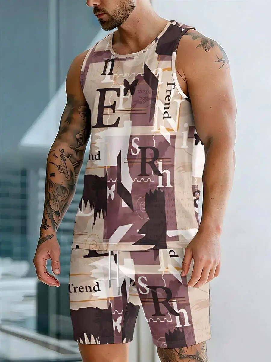 

Letter Collage Print Mens Tank Top And Shorts Set Polyester Lightweight Breathable