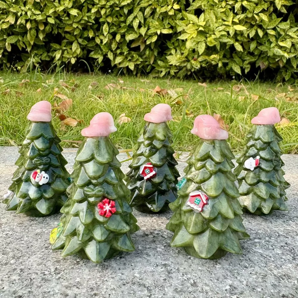 Natural Serpentine Christmas Tree Figurine with Rose Quartz Hat Hand Carved Gemstone Mini Statue Desktop Ornament Holiday Home D