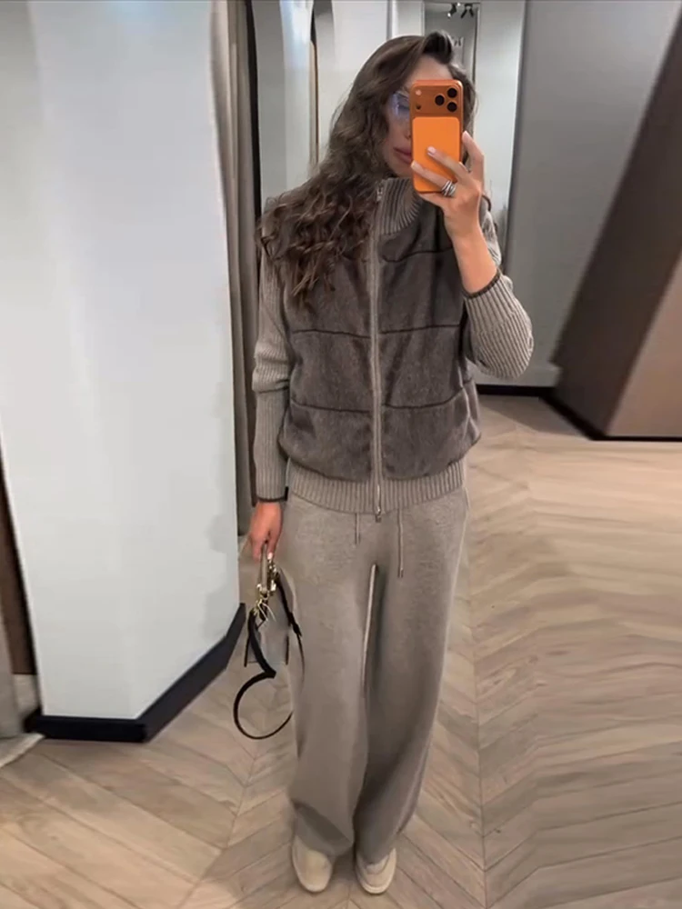 

Chic Women's Faux Fur Patchwork Coat Pants Set Zipper Long Sleeve Knitted Top Wide Leg Pant 2026 Spring Lady Casual Outfits New