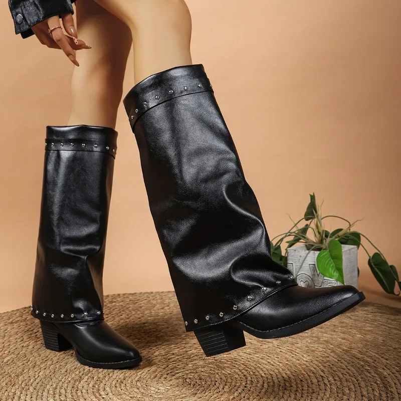 Pointed-toe, Thick-soled, Long Boot Pants in 2026 Style, New Women's Vintage Rivet Design